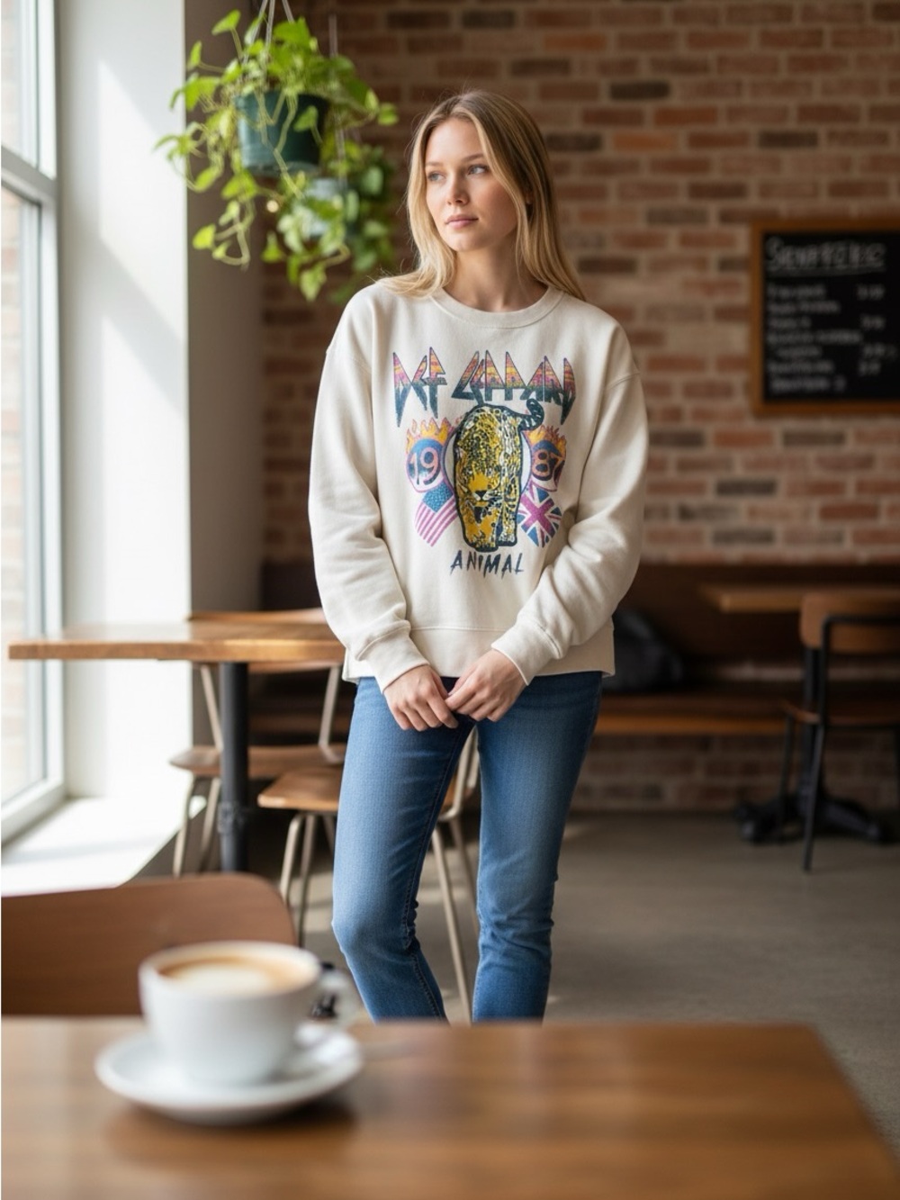 Graphic Def Leppard Crewneck Sweatshirt in Cream with Multicolor Print